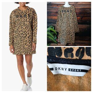 DKNY Sport Sweater Dress 2X Leopard Print Sweatshirt Long Sleeve Logo
